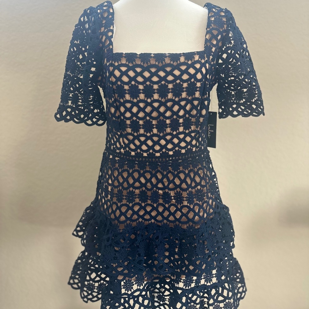 Navy Blue Crochet Lace Tiered Mini Dress